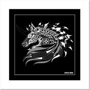 the mustang unicorn horse in ecopop zentangle pattern tattoo wallpaper Posters and Art